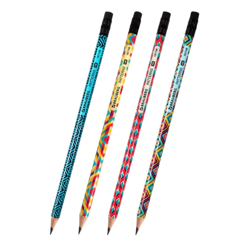 Карандаш чернографитный BRAUBERG "PATTERNS" с ластиком, круглый, ассорти
