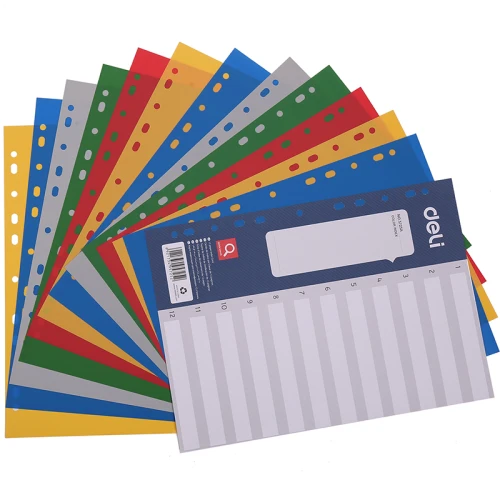 Разделитель листов DELI А4, пластик, 12 листов, цветной