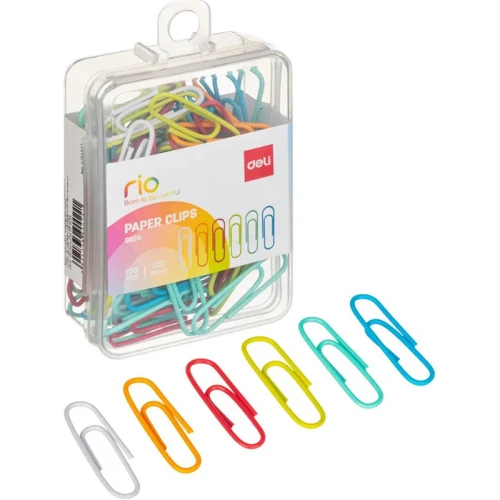 Скрепки канцелярские DELI 29 мм, цветные, 100 шт. в пластиковой коробке