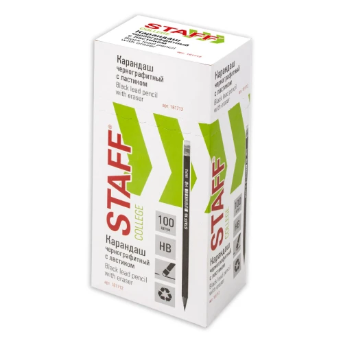 Карандаш чернографитный STAFF "College" с ластиком, шестигранный, черный