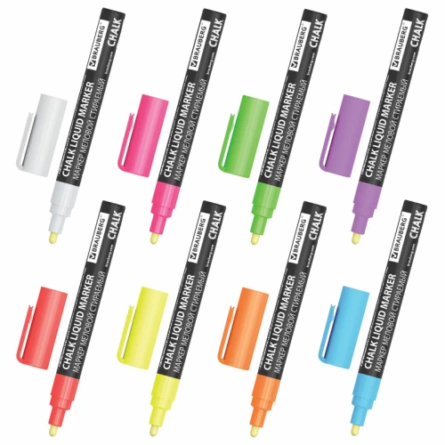 Набор меловых маркеров BRAUBERG "CHALK" стираемый, 3 мм, НЕОН, ассорти, 8 шт.