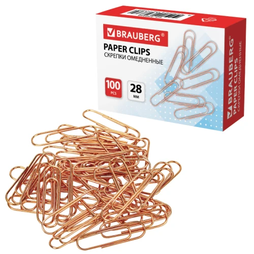 Скрепки канцелярские BRAUBERG 28 мм, омедненные, 100 шт. в картонной коробке