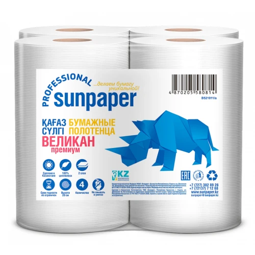 Полотенца бумажные в рулонах Sunpaper "Premium. Великан" 2-слойные, белые, 4 шт.