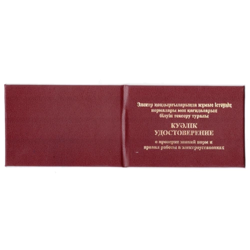 Удостоверение о проверке знаний, норм и правил работы в электроустановках, А7, каз/рус
