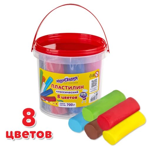 Пластилин ЮНЛАНДИЯ 8 цветов, ведро, 700 гр