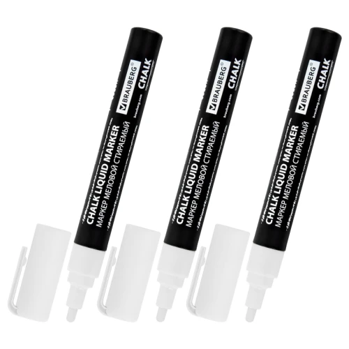 Набор меловых маркеров BRAUBERG "CHALK" стираемый, 3 мм, белые, 3 шт. + стикеры