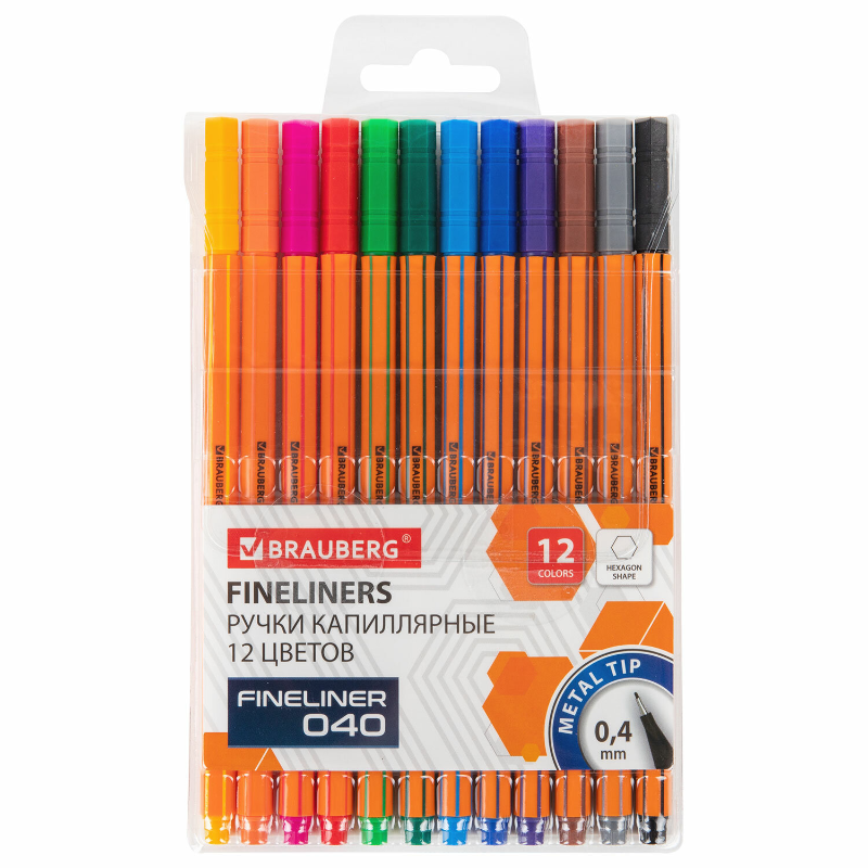 Набор капиллярных ручек BRAUBERG "FINE 40" 0.4 мм, оранжевый корпус, 12 цветов