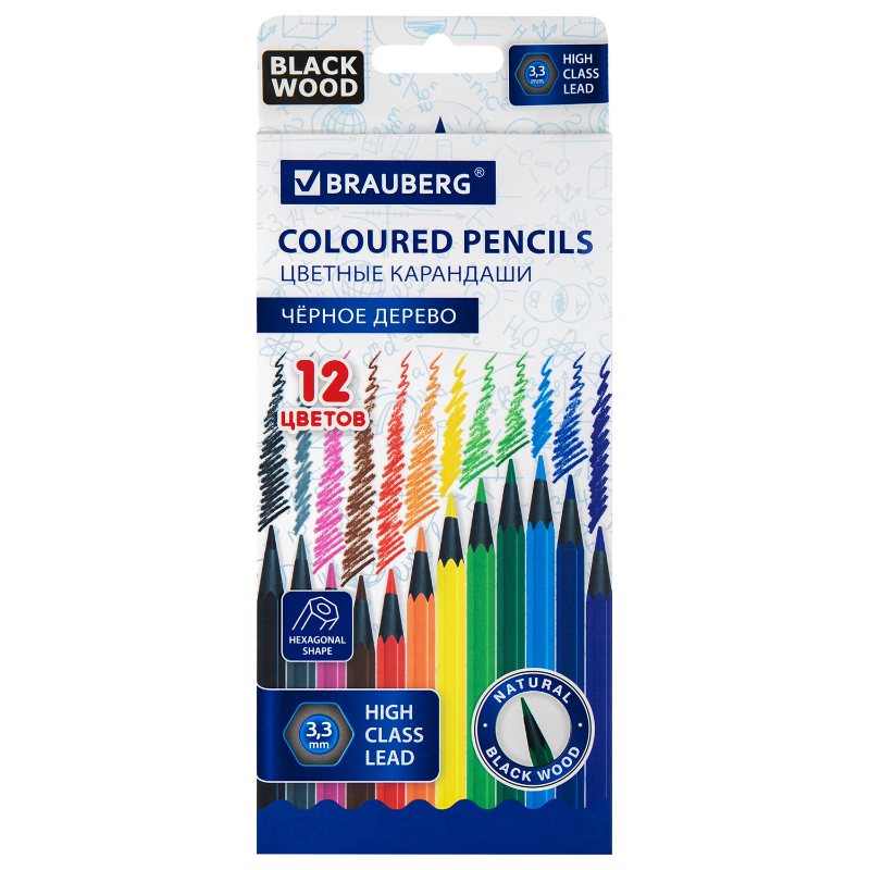 Карандаши цветные BRAUBERG черное дерево, 12 цветов