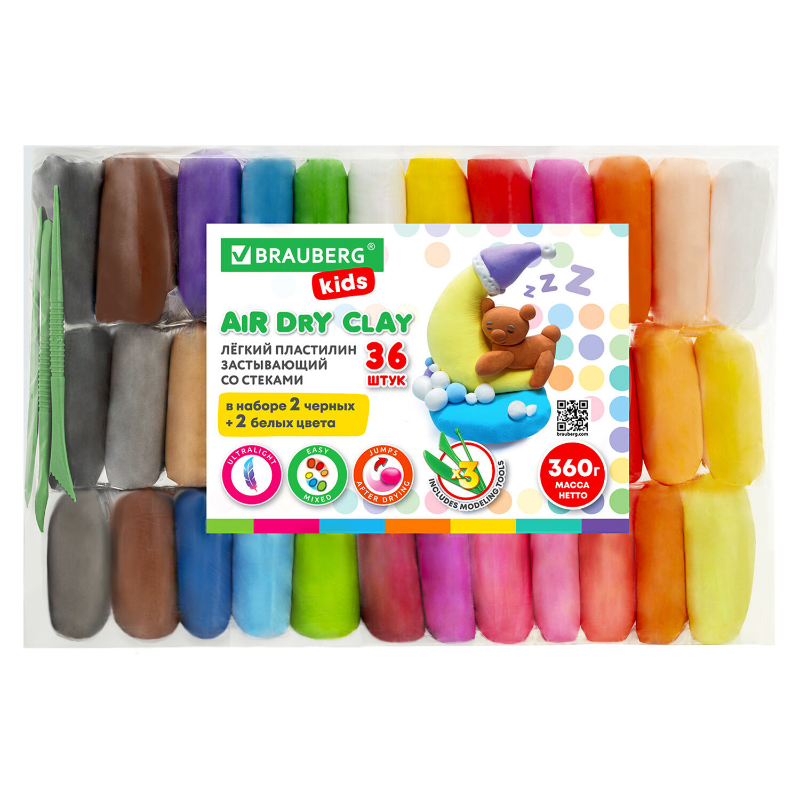 Пластилин BRAUBERG KIDS супер легкий, застывающий, 36 цветов, 3 стека, 360 гр