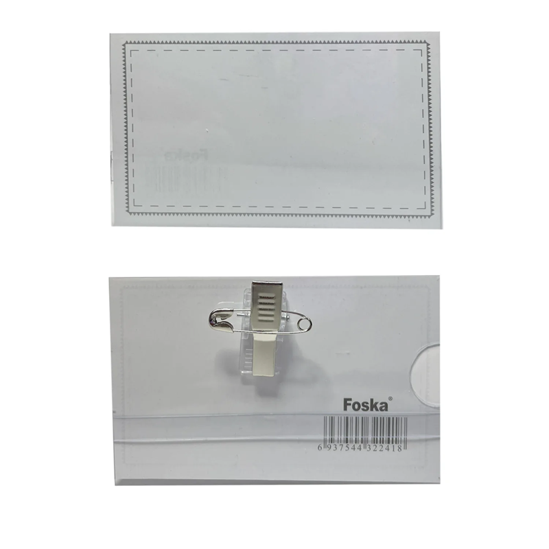 Бейдж горизонтальный Foska 57*90мм с зажимом и булавкой, прозрачный