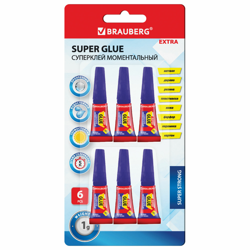 Клей моментальный BRAUBERG "EXTRA" суперпрочный, 1 гр, 6 шт. в упаковке