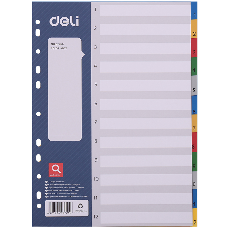 Разделитель листов DELI А4, пластик, 12 листов, цветной