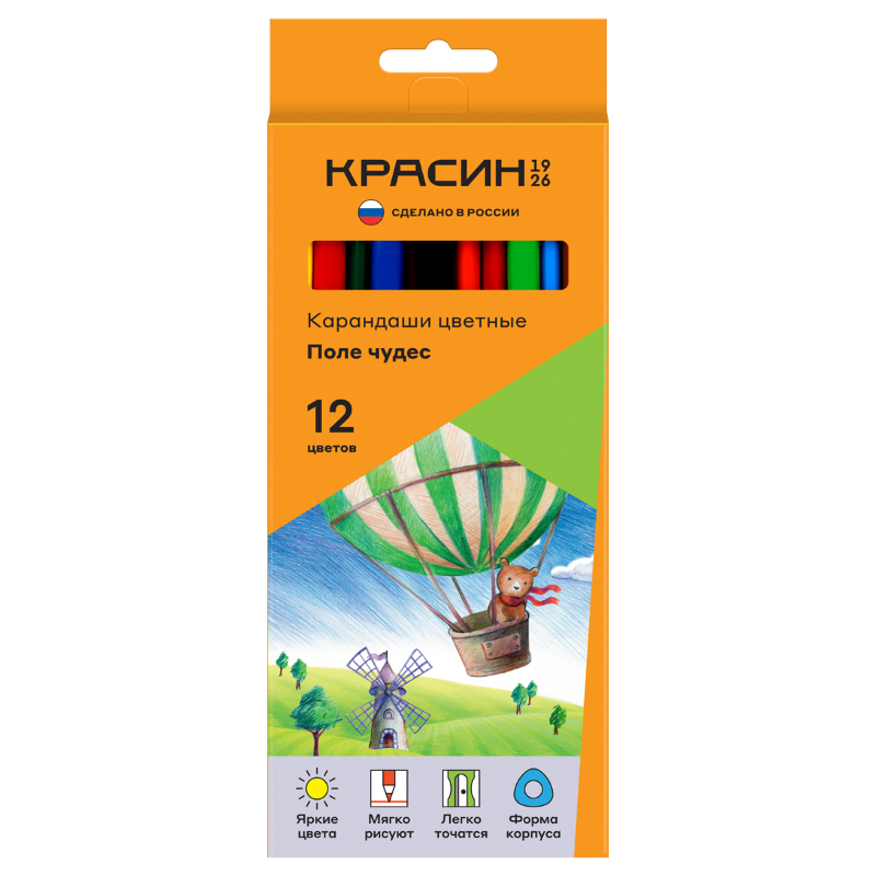 Карандаши цветные Красин "Поле чудес" трехгранные, 12 цветов