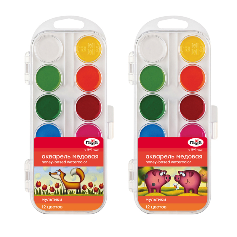Краски акварельные Гамма "Мультики" медовые, 12 цветов