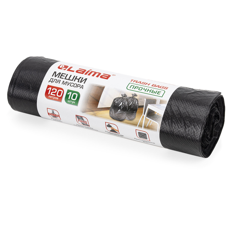 Мешки для мусора LAIMA 120 л, 700*1100 мм, чёрные, прочные, 10 шт.