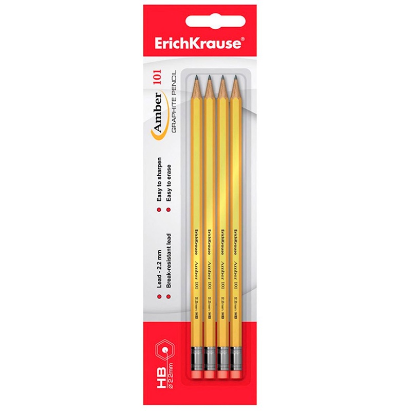 Блистер чернографитных шестигранных карандашей с ластиком ErichKrause® Amber 101 HB (4 карандаша)