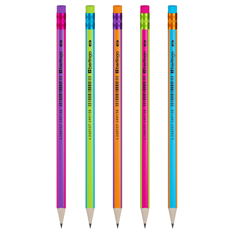 Карандаш чернографитный Berlingo "Fuze" HB, с ластиком, трехгранный, ассорти