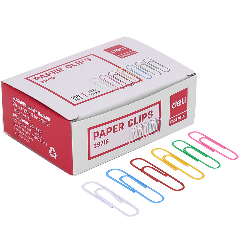 Скрепки канцелярские DELI 33 мм, цветные, 100 шт. в картонной коробке
