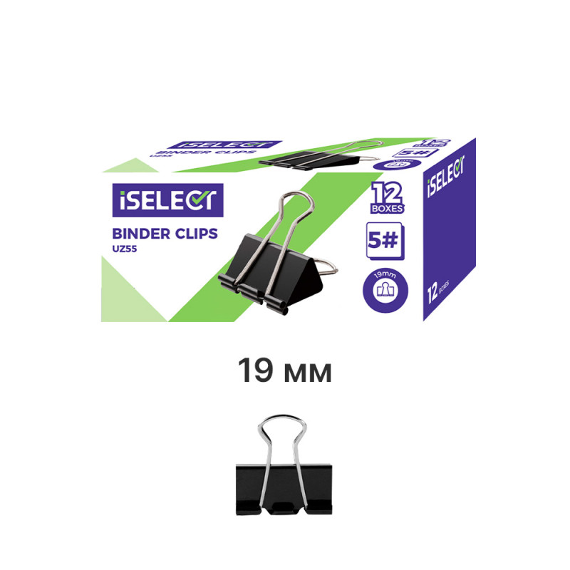 Зажим для бумаг iSelect "Z55" 19 мм, чёрные, 12 шт.