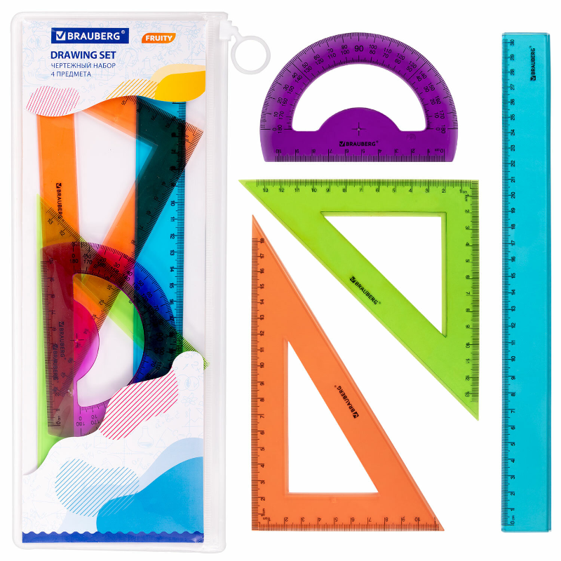 Набор чертежный большой BRAUBERG "FRUITY" 4 предмета, ассорти, пенал