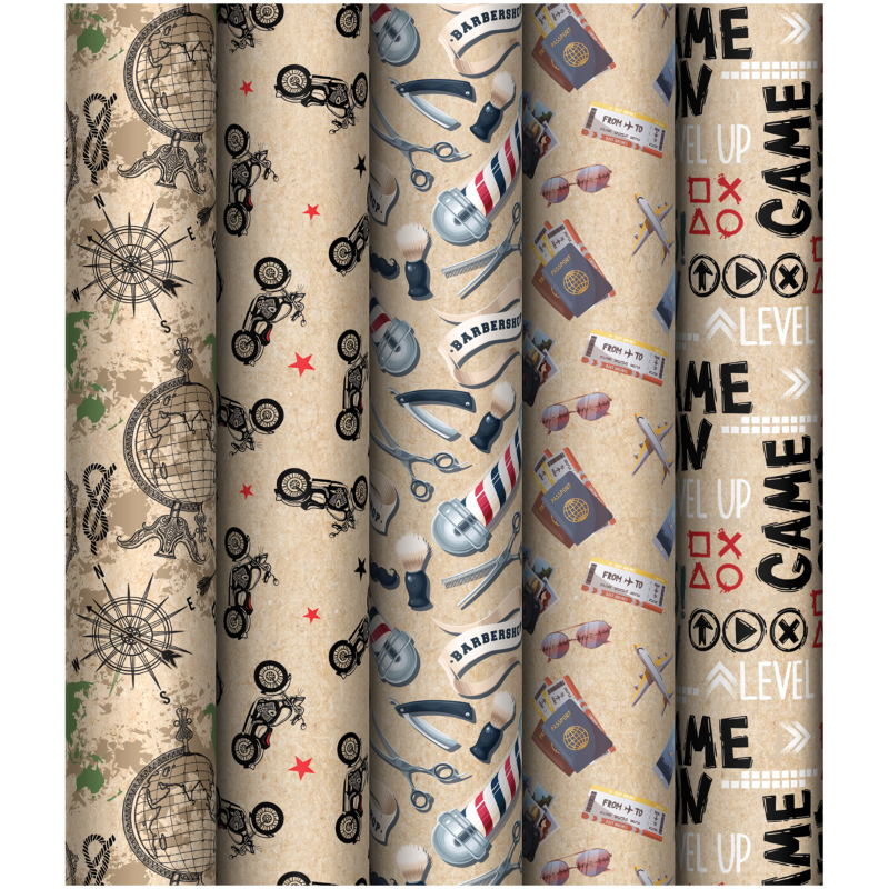 Упаковочная бумага крафт MESHU "Мужская территория" 70 г/м2, 70*100 см, 5 дизайнов