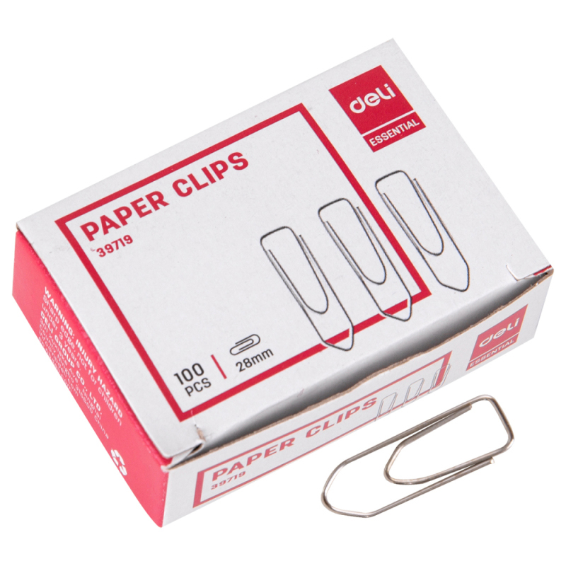 Скрепки канцелярские DELI 28 мм, никелированные, 100 шт. в картонной коробке
