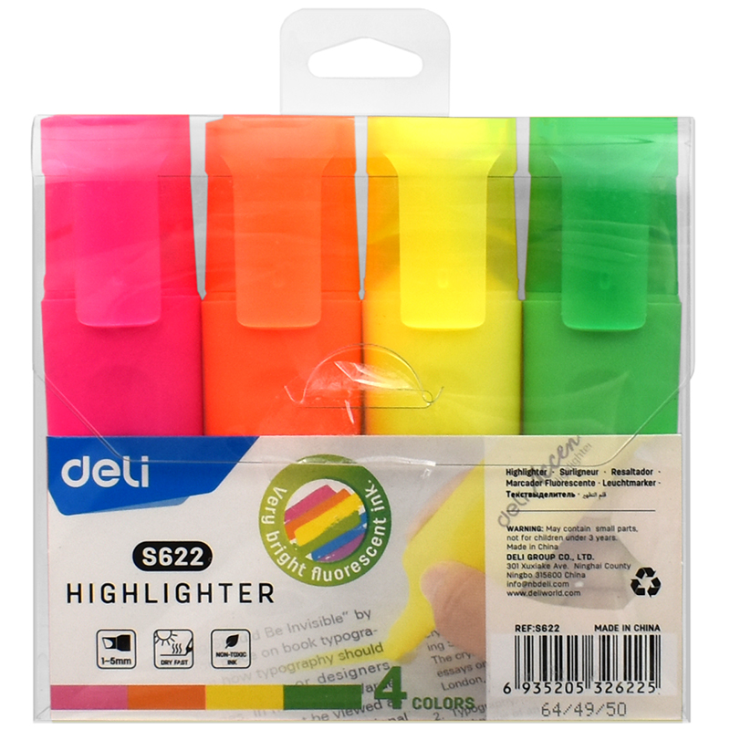 Набор текстовыделителей DELI "S622" скошенный, 1-5 мм, ассорти, 4 цвета