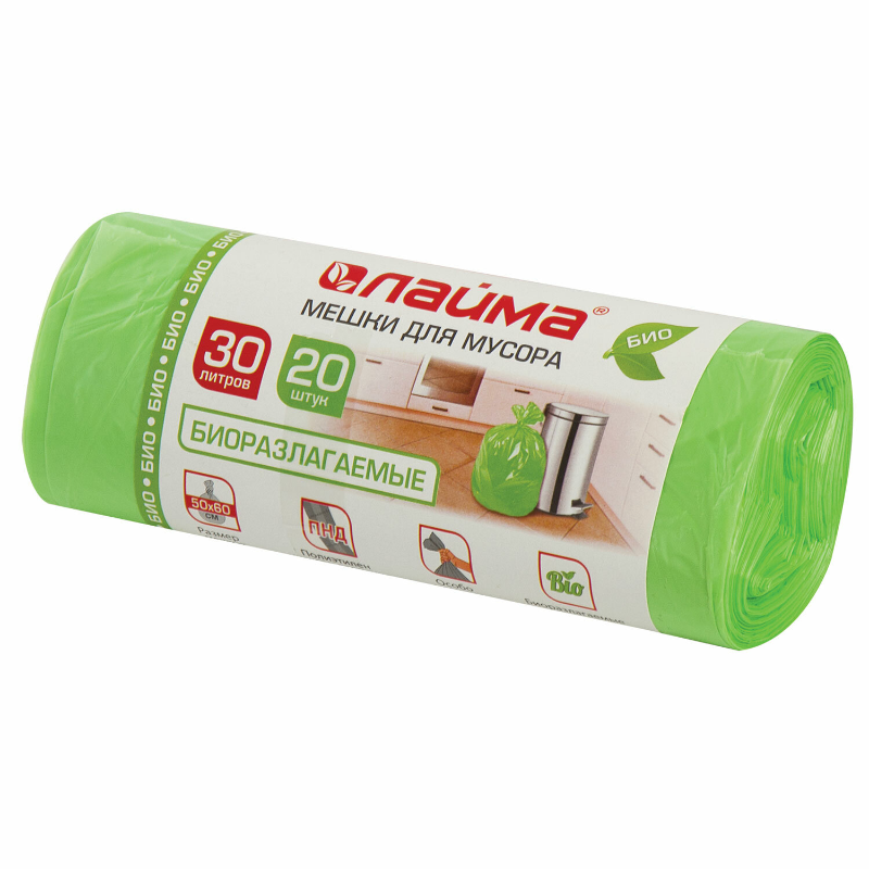 Мешки для мусора LAIMA 30 л, 500*600 мм, биоразлагаемые, зелёные, 20 шт.