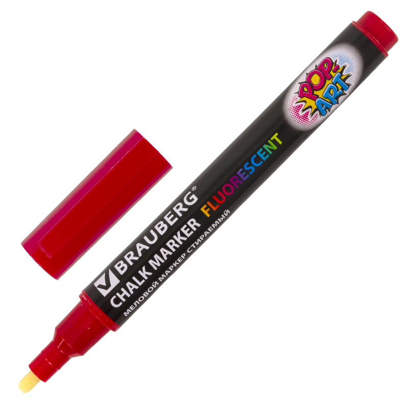Маркер меловой BRAUBERG "POP-ART" сухостираемый, 3.5 мм, красный