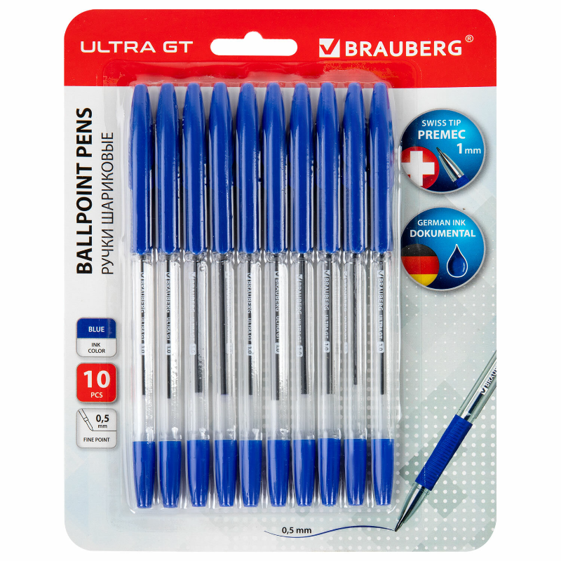 Ручка шариковая BRAUBERG "ULTRA GT" 1 мм, прозрачный корпус, синяя, 10 шт.