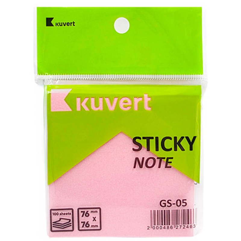 Блок самоклеящийся KUVERT "Sticky" 76*76 мм, розовый, 100 листов