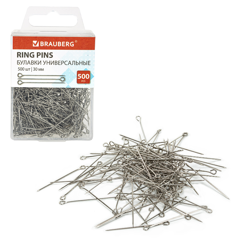 Булавки BRAUBERG 30 мм, 500 шт. в пластиковой коробке