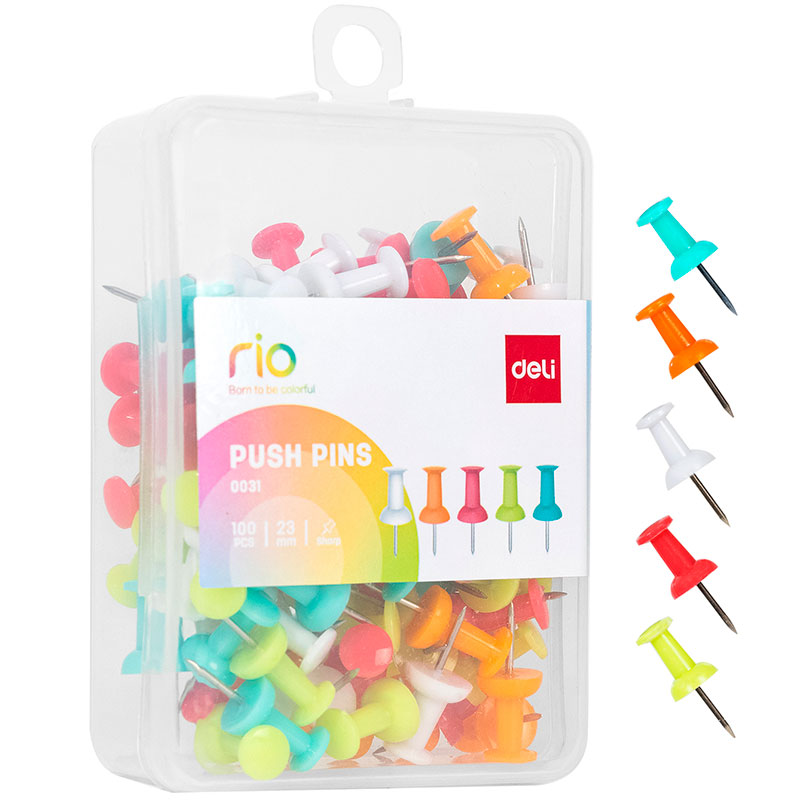 Кнопки-гвоздики DELI "RIO", цветные, 12 мм, 100 шт. в пластиковой коробке