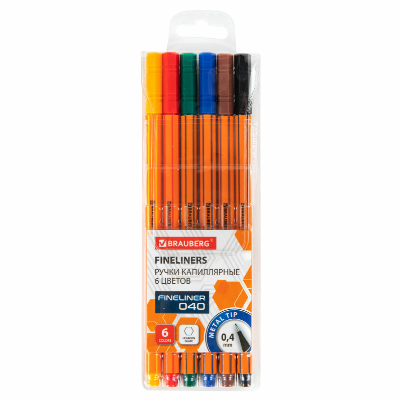 Набор капиллярных ручек BRAUBERG "FINE 40" 0.4 мм, оранжевый корпус, 6 цветов