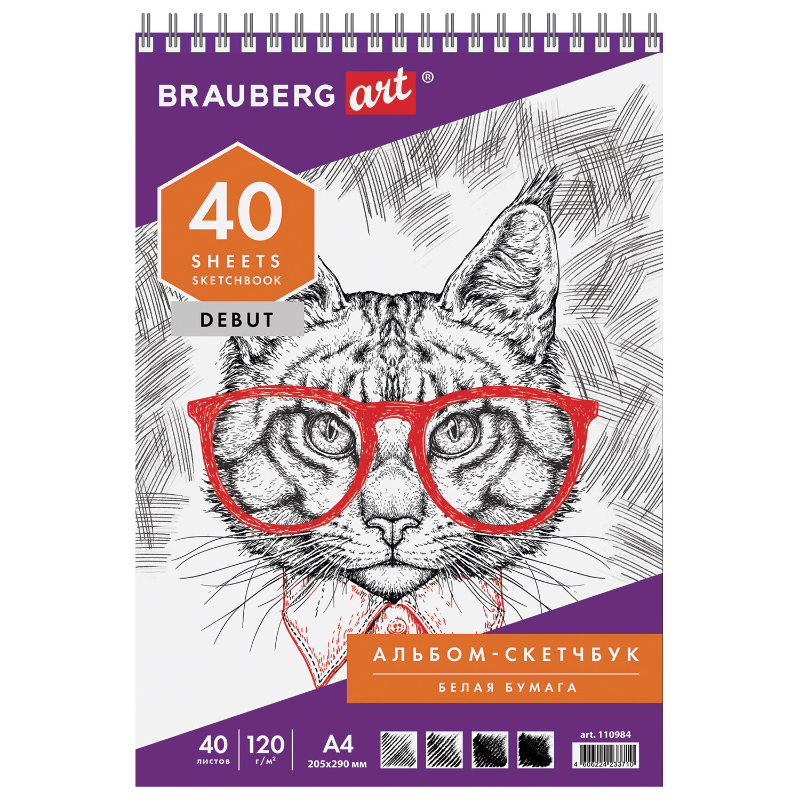 Скетчбук BRAUBERG "ART DEBUT" на гребне, 205*290 мм, 40 листов