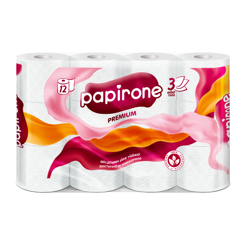 Туалетная бумага Papirone 3-слойная, белая, 12 шт.