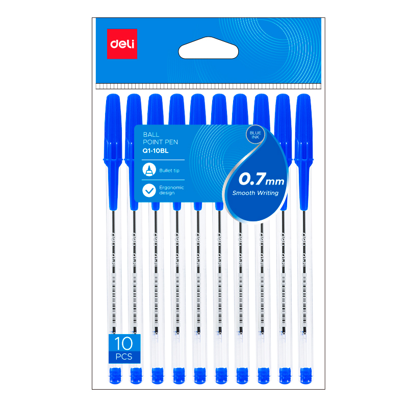 Ручка шариковая DELI "Think Q1" 0.7 мм, прозрачный корпус, синяя, 10 шт.