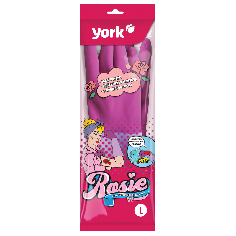 Перчатки YORK Роза латекс, хлопчатобумажное напыление, размер L, розовые, 1 пара