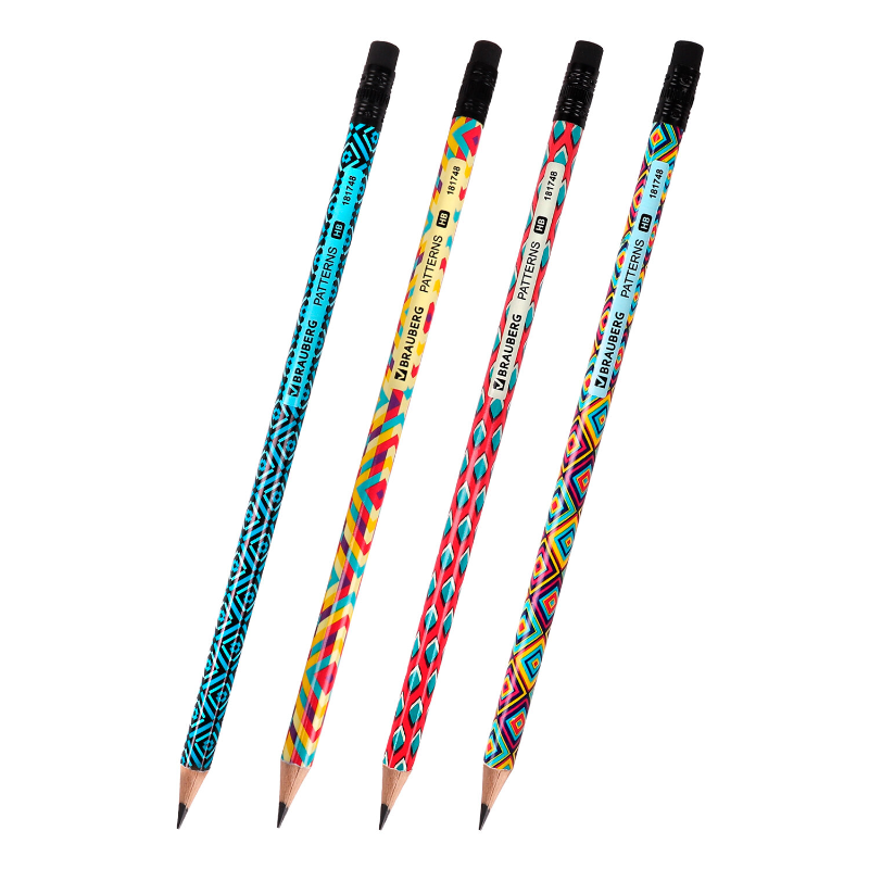 Карандаш чернографитный BRAUBERG "PATTERNS" с ластиком, круглый, ассорти