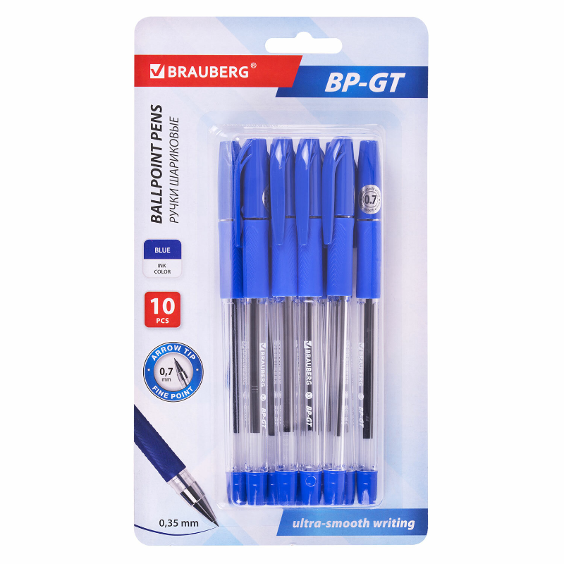 Ручка шариковая BRAUBERG "BP-GT" 0.7 мм, прозрачный корпус, синяя, 10 шт.