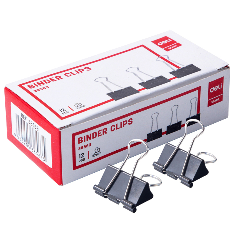 Зажим для бумаг DELI 32 мм, чёрные, 12 шт.