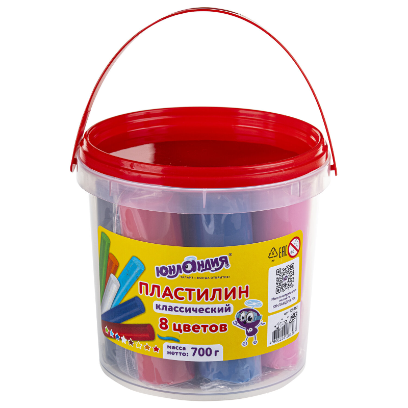 Пластилин ЮНЛАНДИЯ 8 цветов, ведро, 700 гр