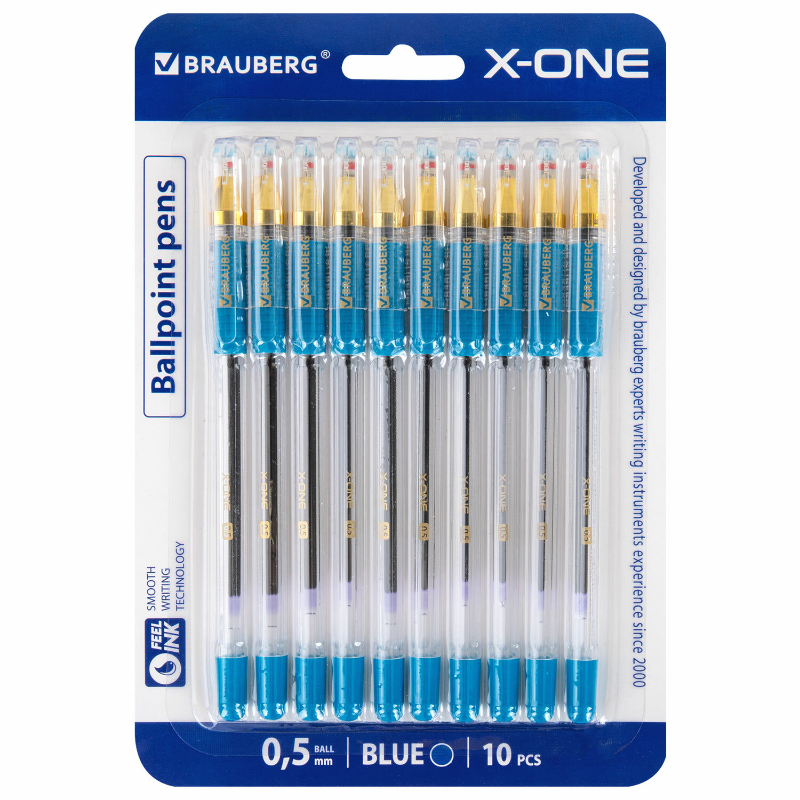Ручка шариковая BRAUBERG "X-ONE" 0.5 мм, прозрачный корпус, синяя, 10 шт.