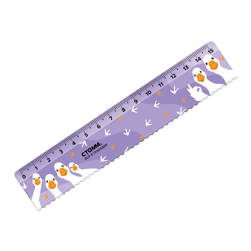 Линейка СТАММ "Гуси" 15 см, пластик, с волнистым краем, рисунок