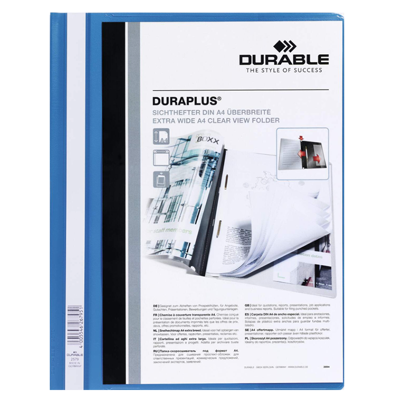 Папка-скоросшиватель Durable А4+, 160 мкм, лицевой карман, голубая