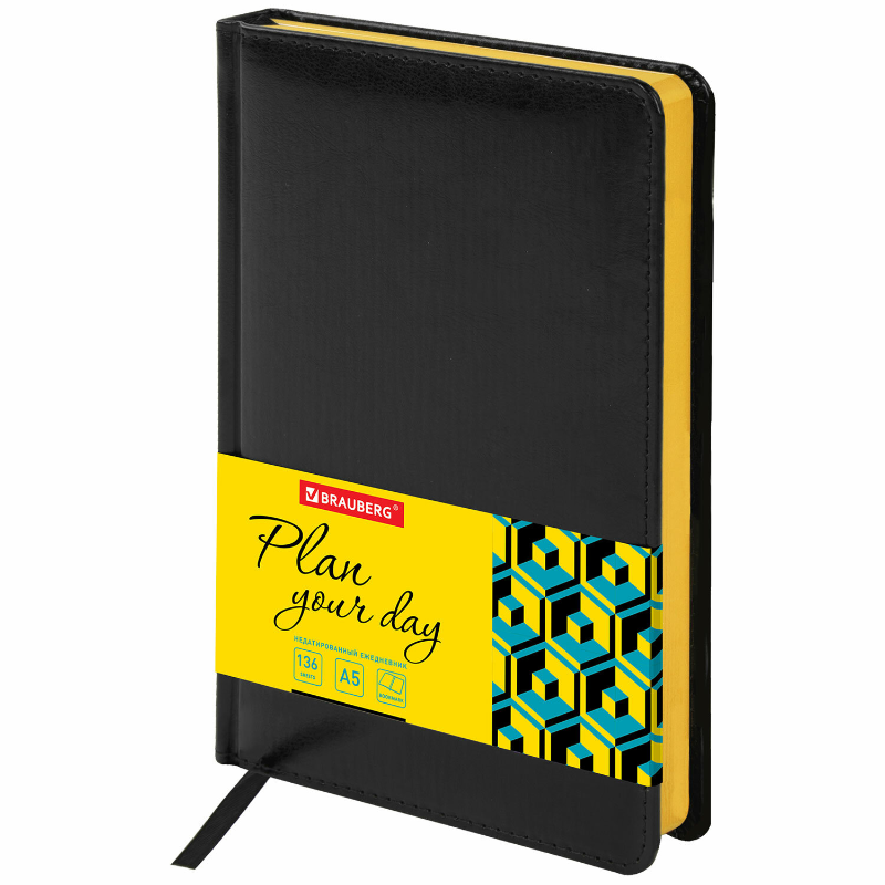 Ежедневник недатированный BRAUBERG "Rainbow" А5, кожзам, гибкий, 136 л., чёрный