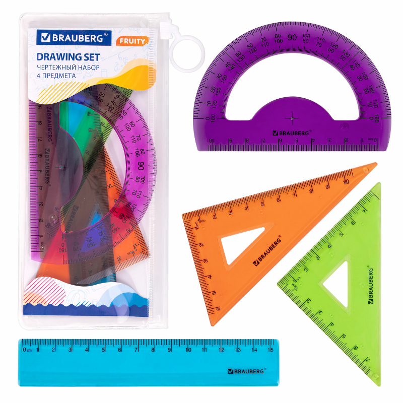 Набор чертежный малый BRAUBERG "FRUITY" 4 предмета, ассорти, пенал