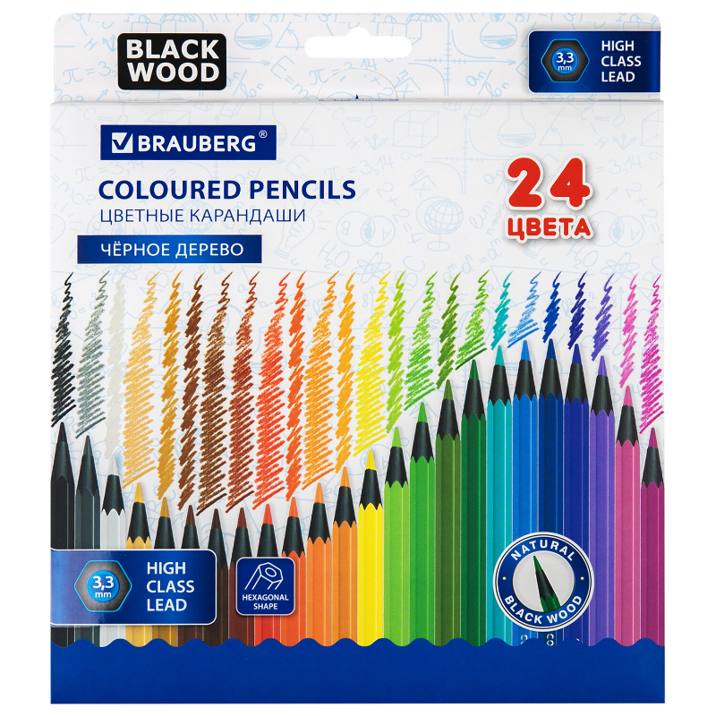 Карандаши цветные BRAUBERG черное дерево, 24 цвета