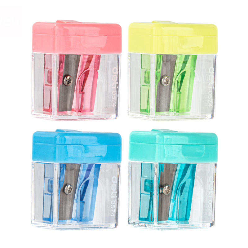 Точилка пластиковая DELI 1 отверстие, прозрачный контейнер, ассорти