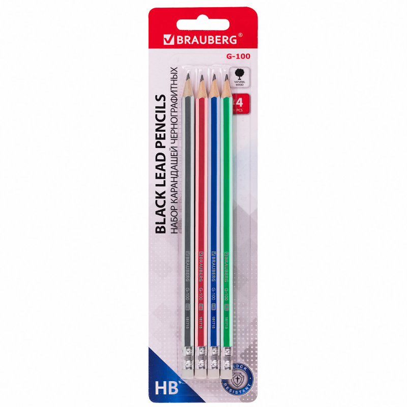 Карандаш чернографитный BRAUBERG "G-100" НВ, корпус ассорти, 4 шт.